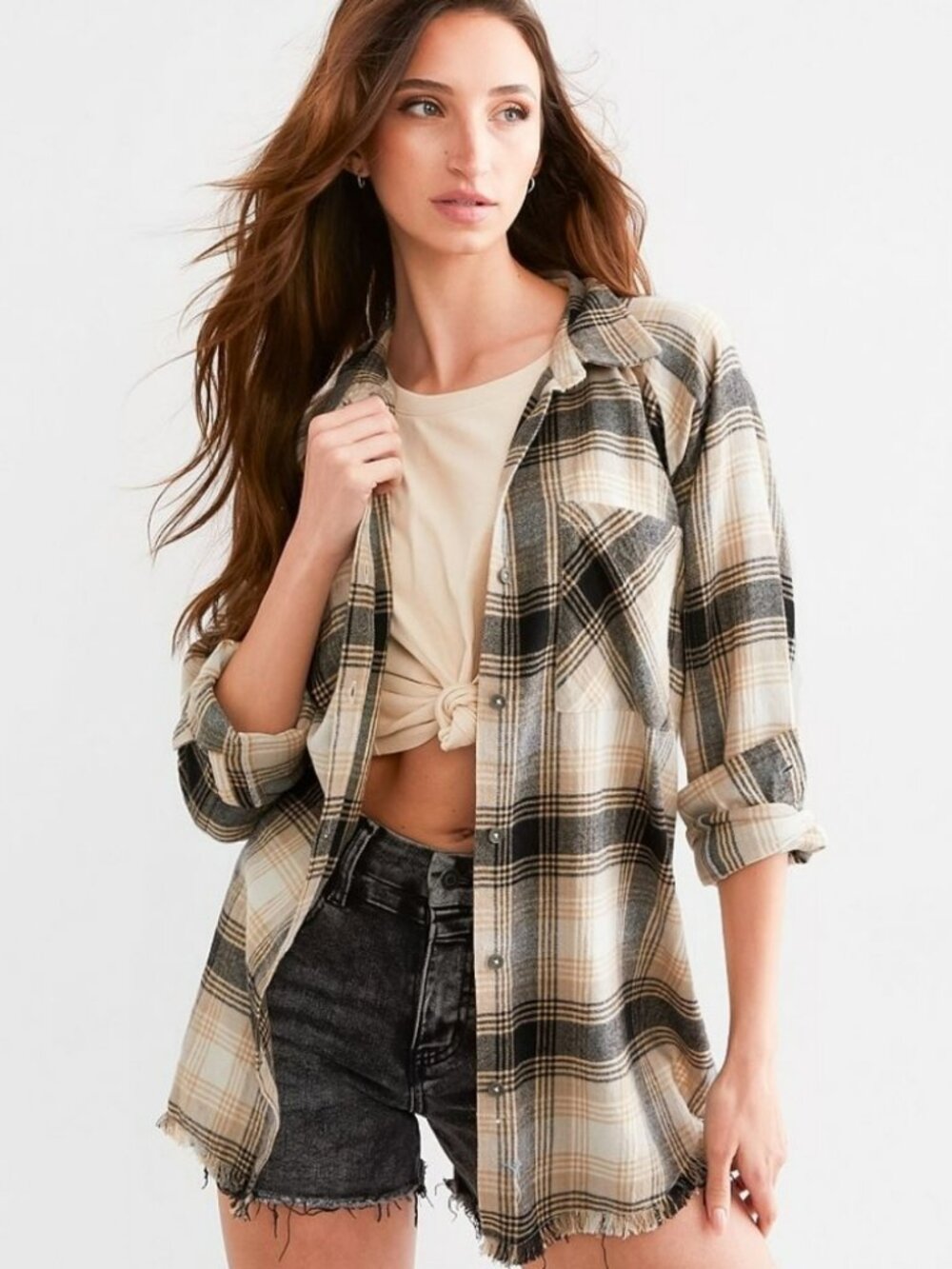BKE Plaid Boyfriend Flannel Shirt with Raw Hem - Medium